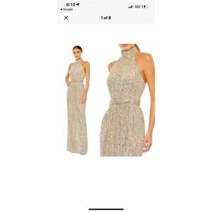 Ieena Mac Duggal Gold Halter Neck Sequined Evening Gown Dress Sz 12 NWT